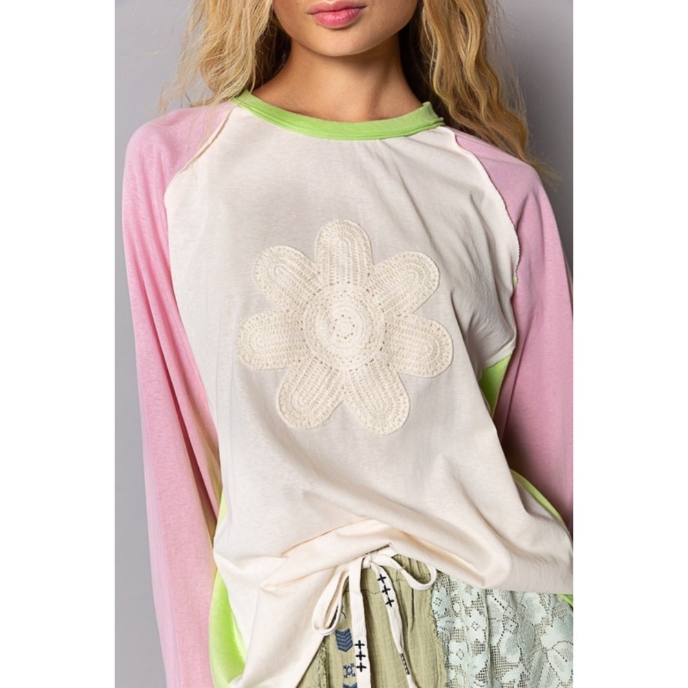 POL Pink & Lime Flower Patch Long Sleeve Cotton Jersey Top - Picture 3 of 13